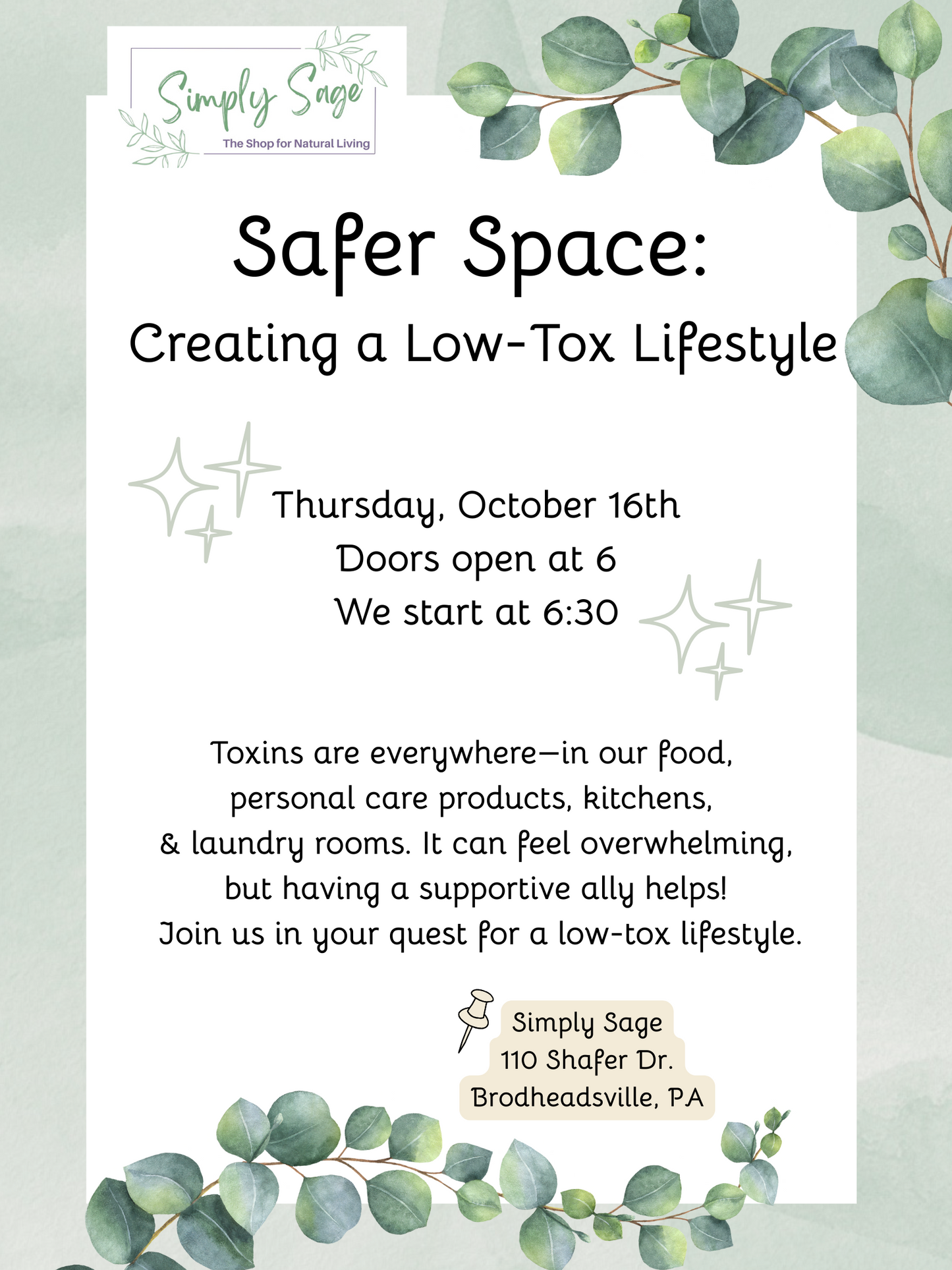 10/16 @6pm Safer Space: Creating a Low Tox Lifestyle