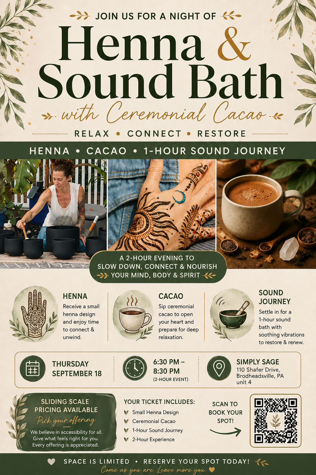 9/18 @6:30pm Henna and Sound Bath with Cacao