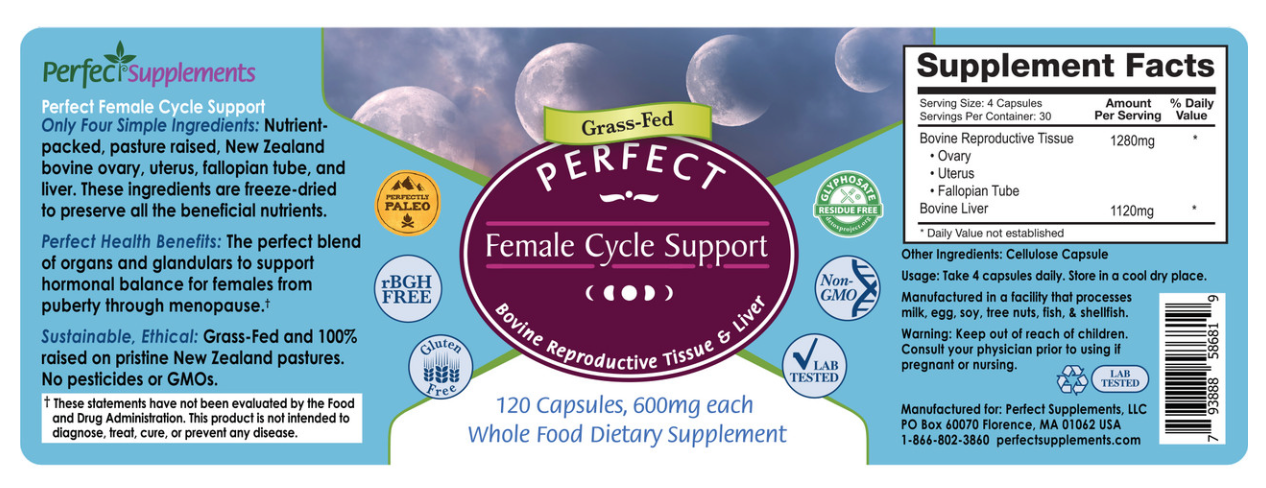 Female Cycle Support - 120 Capsules - A Blend of 4 Bovine Organ Glandulars